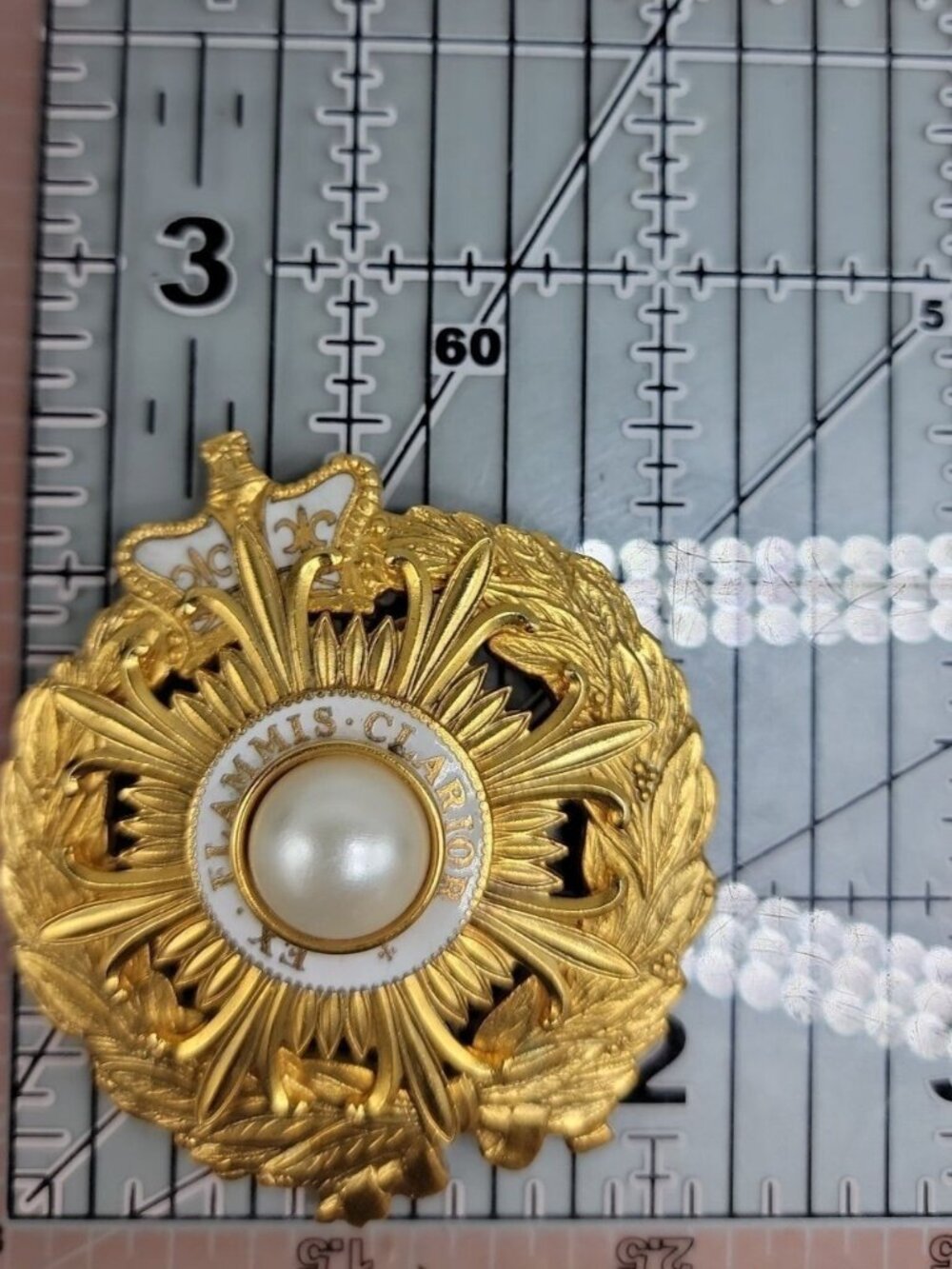 Vtg Masonic Ex Flammis Clarior Crown Brooch Gold Plated Faux Pearl Fleur-de-lis